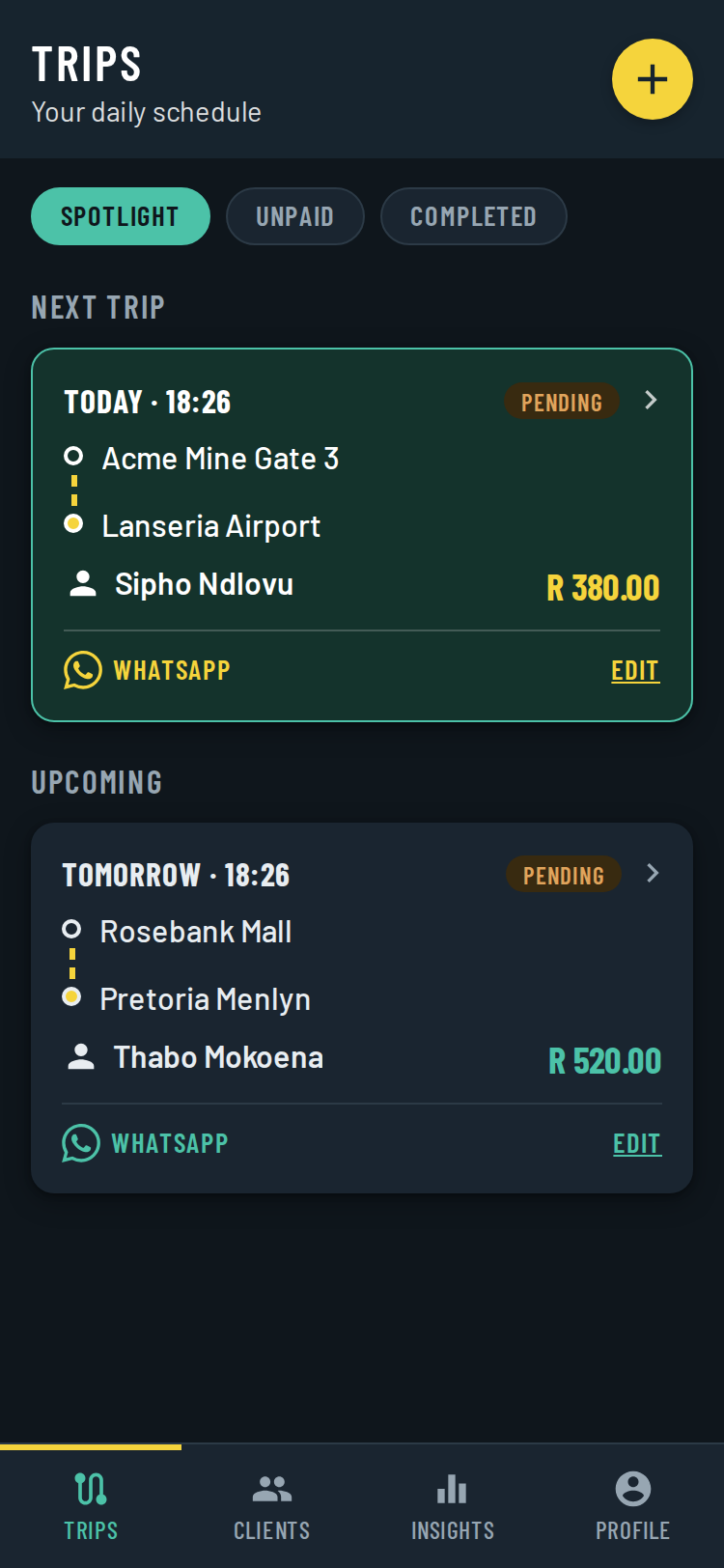 Trips screen in dark mode