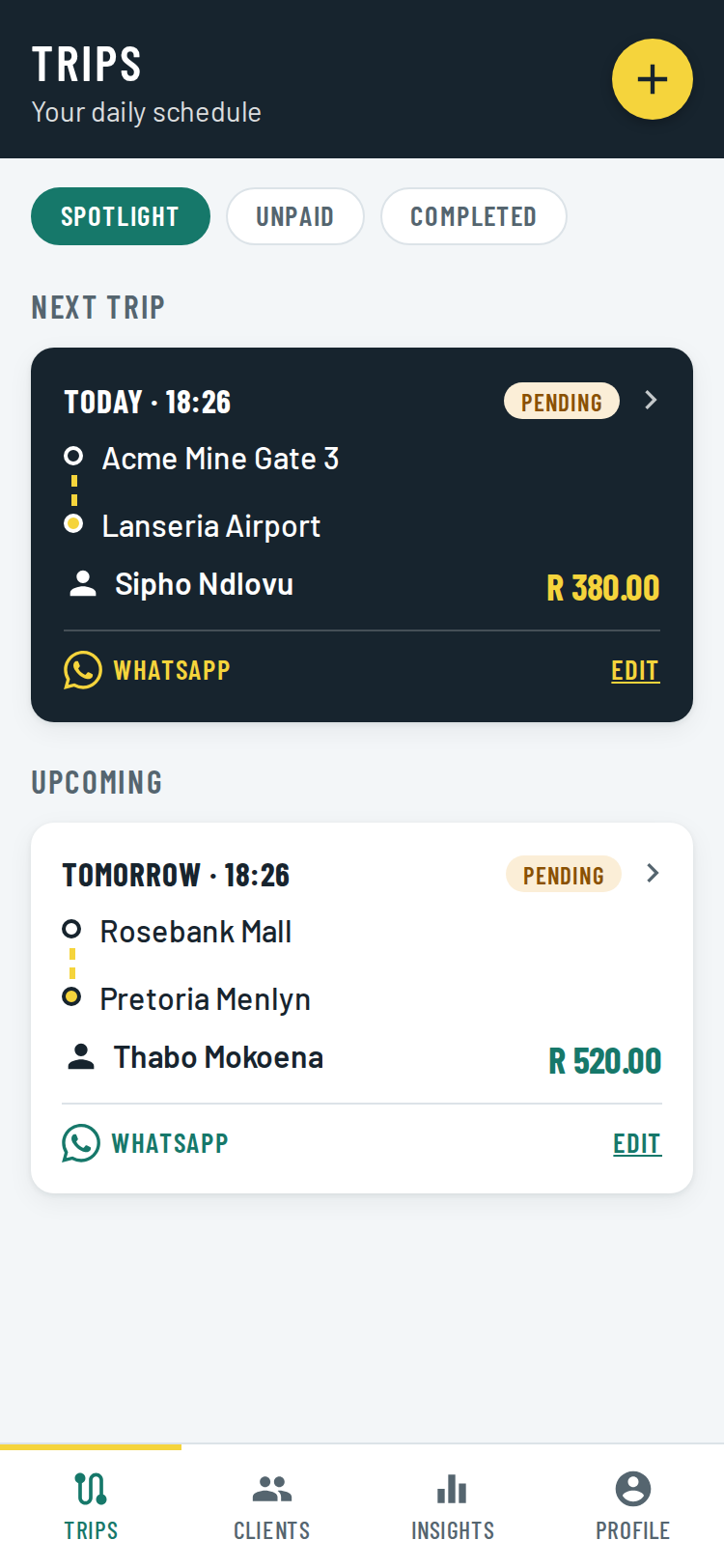 The MyTripAdmin trips screen: a highlighted next trip with route and fare, a just-finished trip ready to collect, and the upcoming day below.