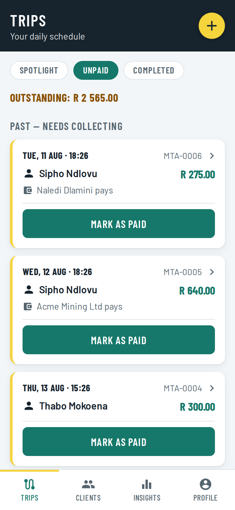 Unpaid tab totalling outstanding fares, each with a one-tap Mark as paid button